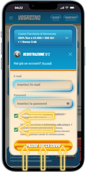 Casinò Vegasino Create le credenziali di accesso.